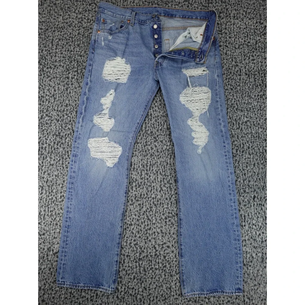Levi's 501 Original Fit Jeans Mens 36x34 Light Wash Distressed Ripped 00501-3032